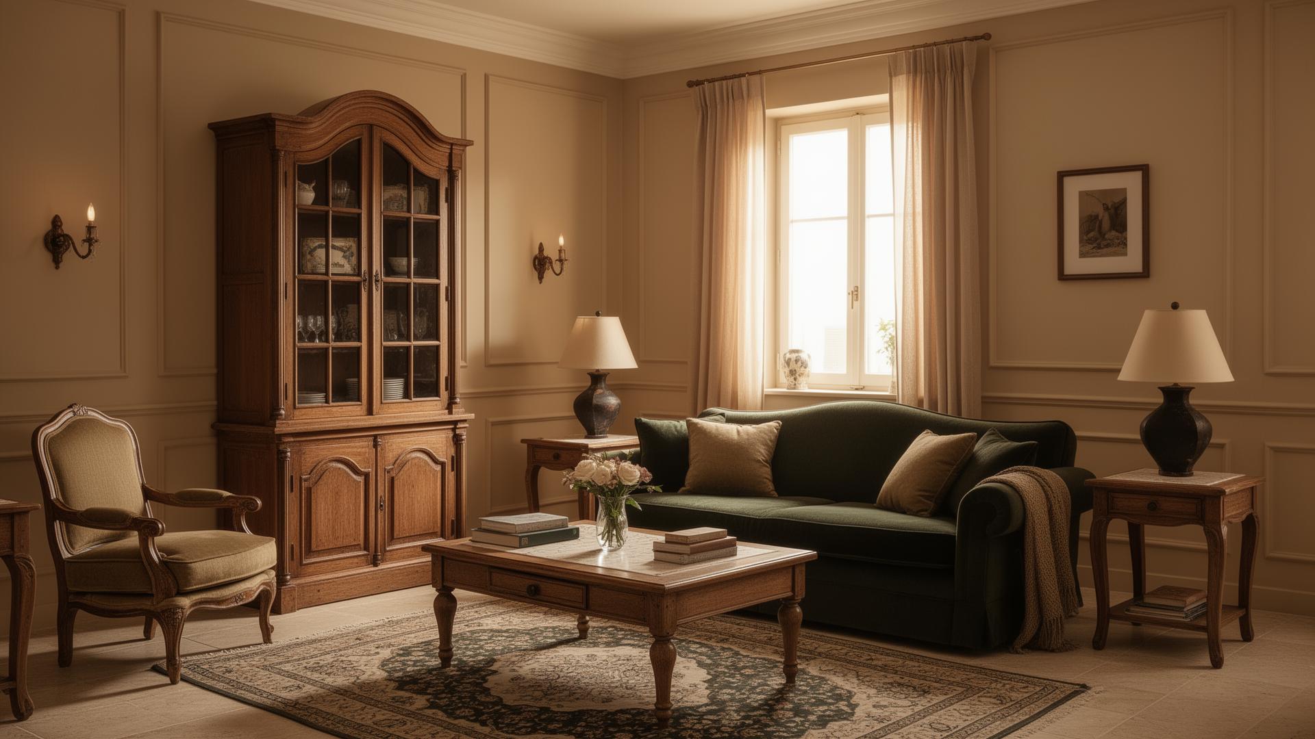 סלון קלאסי עם רהיטי עץ ופריטי וינטג׳